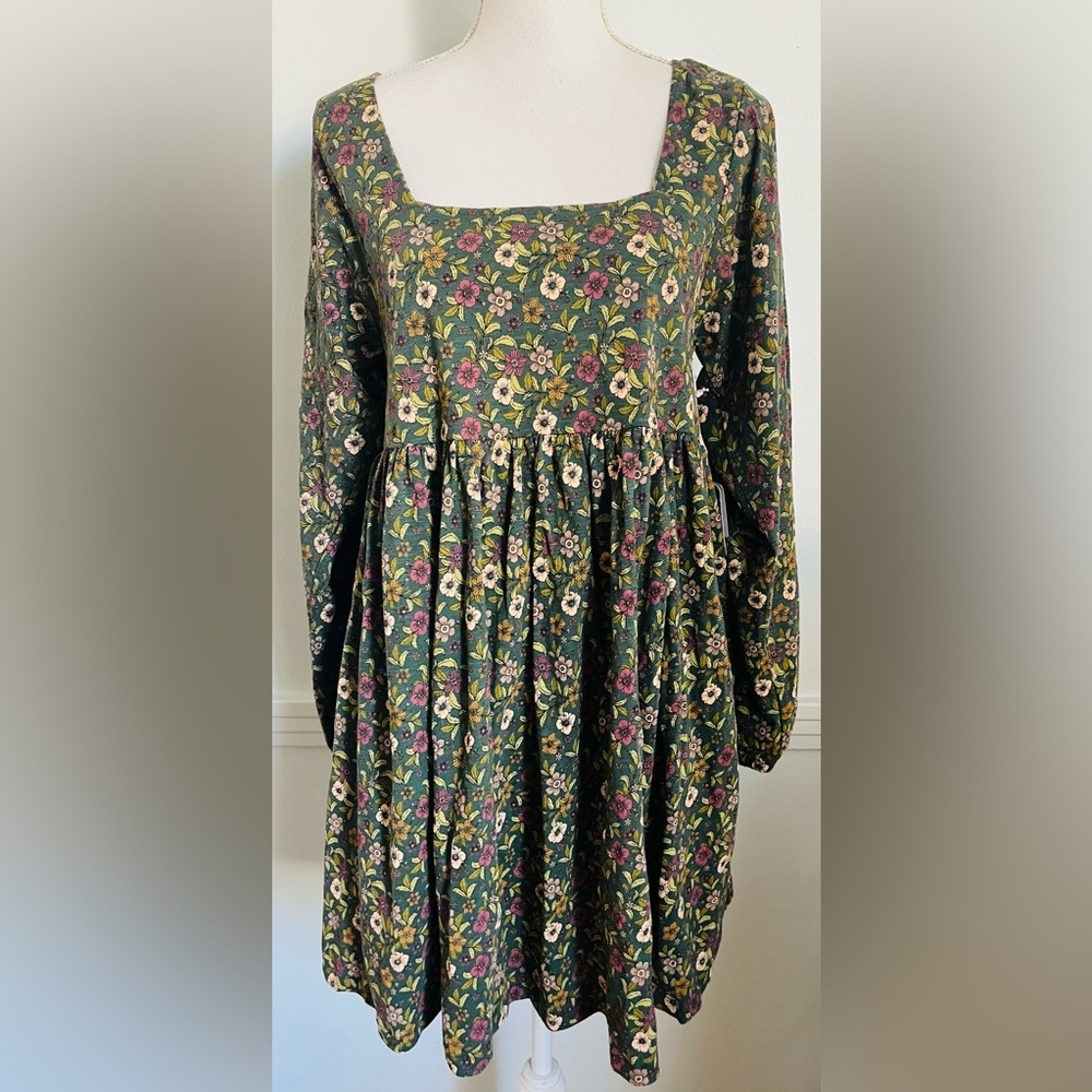 Known Supply • NWT Floral Square-Neck Long Sleeve Dress in Forest Bloom Ambrose